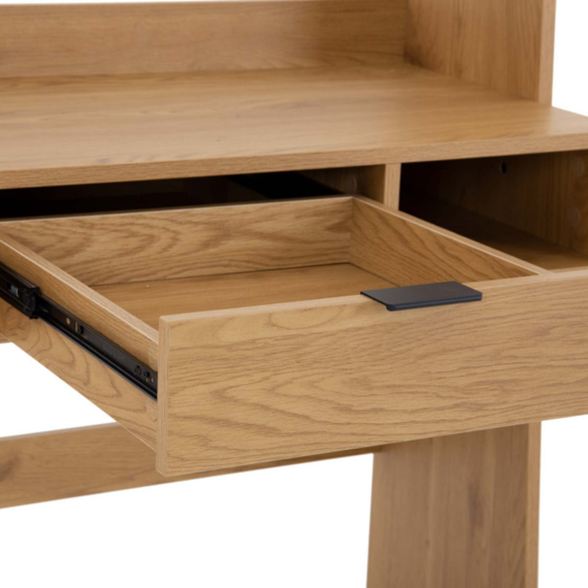 Scala 100cm Study Desk with Shelves Oak, close-up of the open drawer