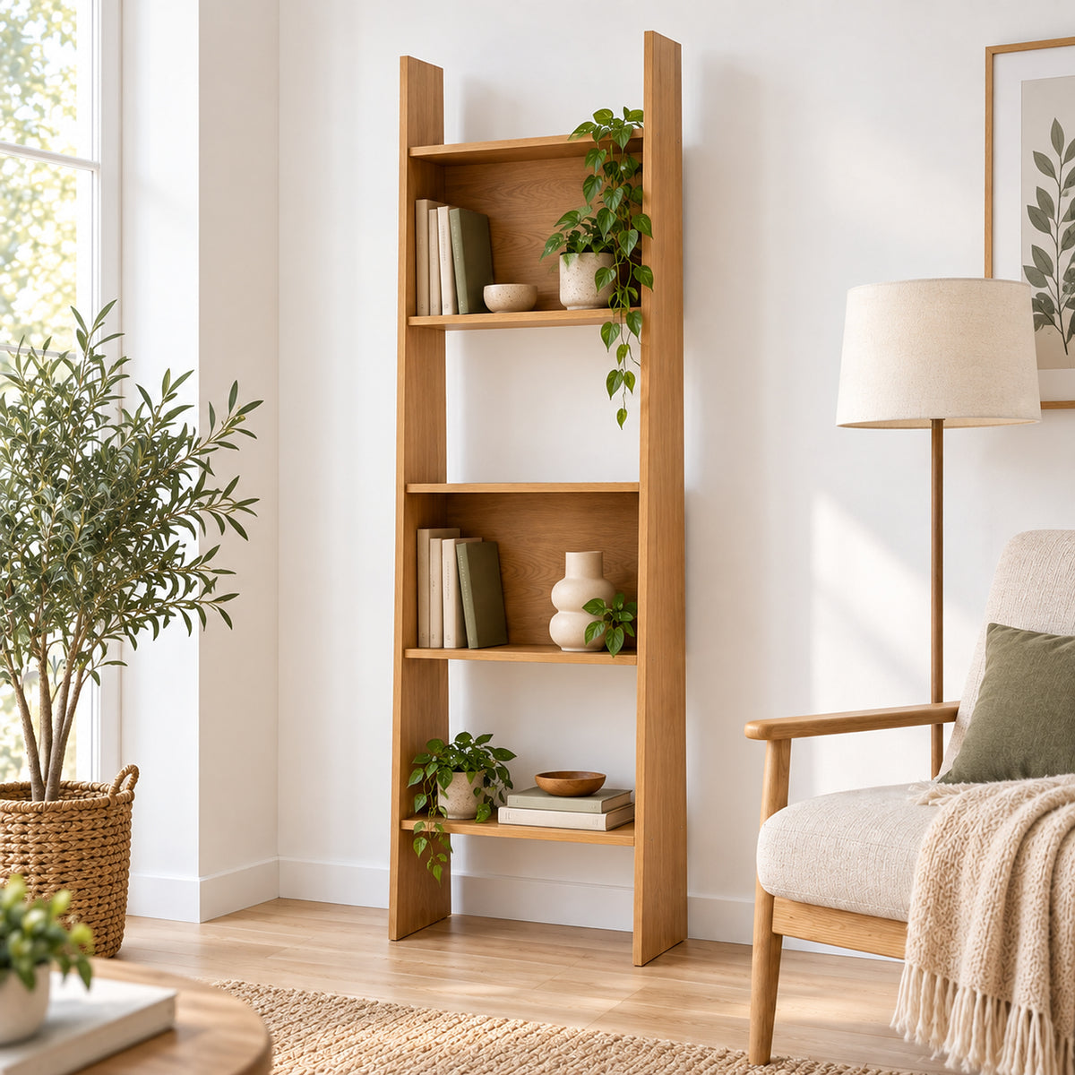 Scala 50cm Bookshelf Oak, in a living room corner styled with books and plants