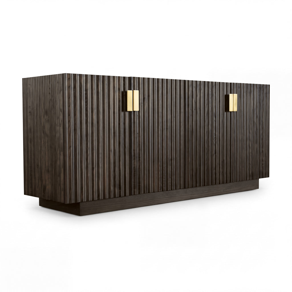 Sloane 180cm Buffet Table Storage Cabinet Grey Oak, three-quarter view on a white background showing four wave-carved doors, metal pulls and a recessed plinth