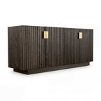 Sloane 180cm Buffet Table Storage Cabinet Grey Oak, three-quarter view on a white background showing four wave-carved doors, metal pulls and a recessed plinth