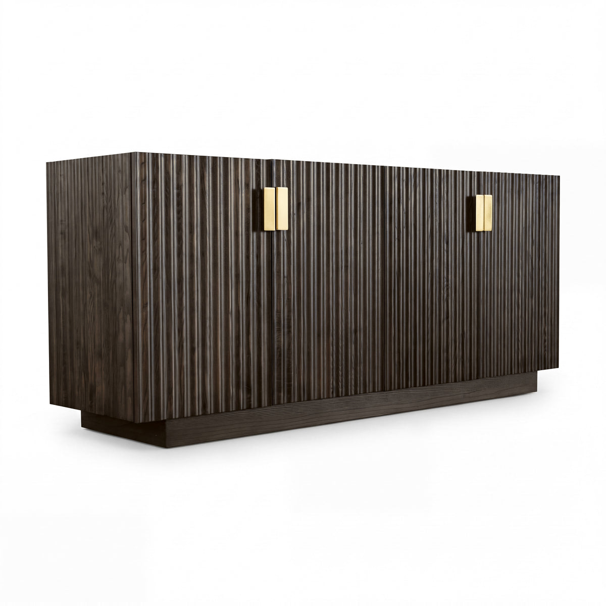Sloane 180cm Buffet Table Storage Cabinet Grey Oak, three-quarter view on a white background showing four wave-carved doors, metal pulls and a recessed plinth