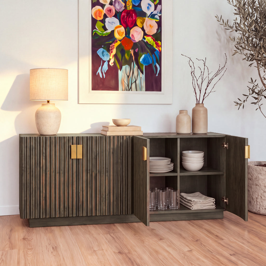 Sloane 180cm Buffet Table Storage Cabinet Grey Oak with the right pair of doors open showing plates, bowls, glasses and linen on the shelves