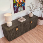 Sloane 180cm Buffet Table Storage Cabinet Grey Oak, high view looking down on the top with a table lamp, books, a bowl and a vase