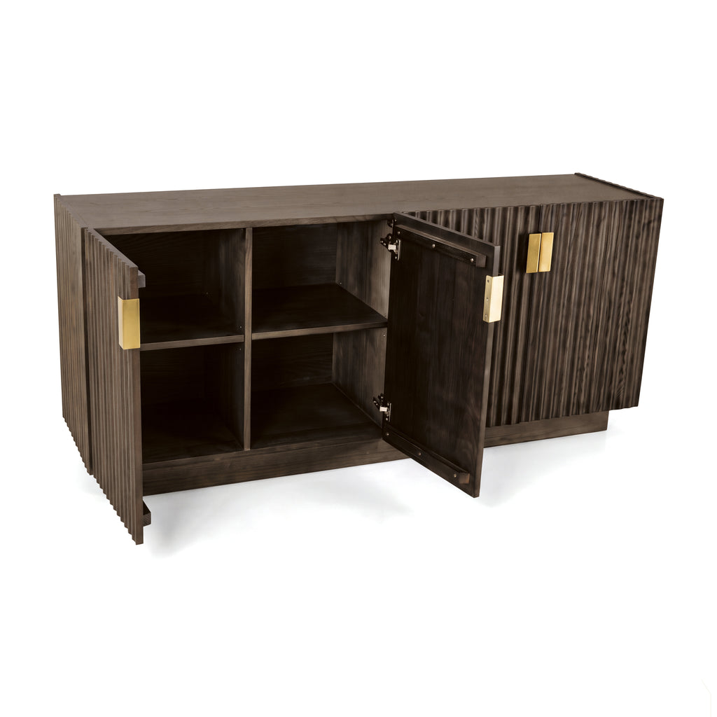 Sloane 180cm Buffet Table Storage Cabinet Grey Oak, left pair of doors open on a white background showing four compartments with a centre divider and shelves