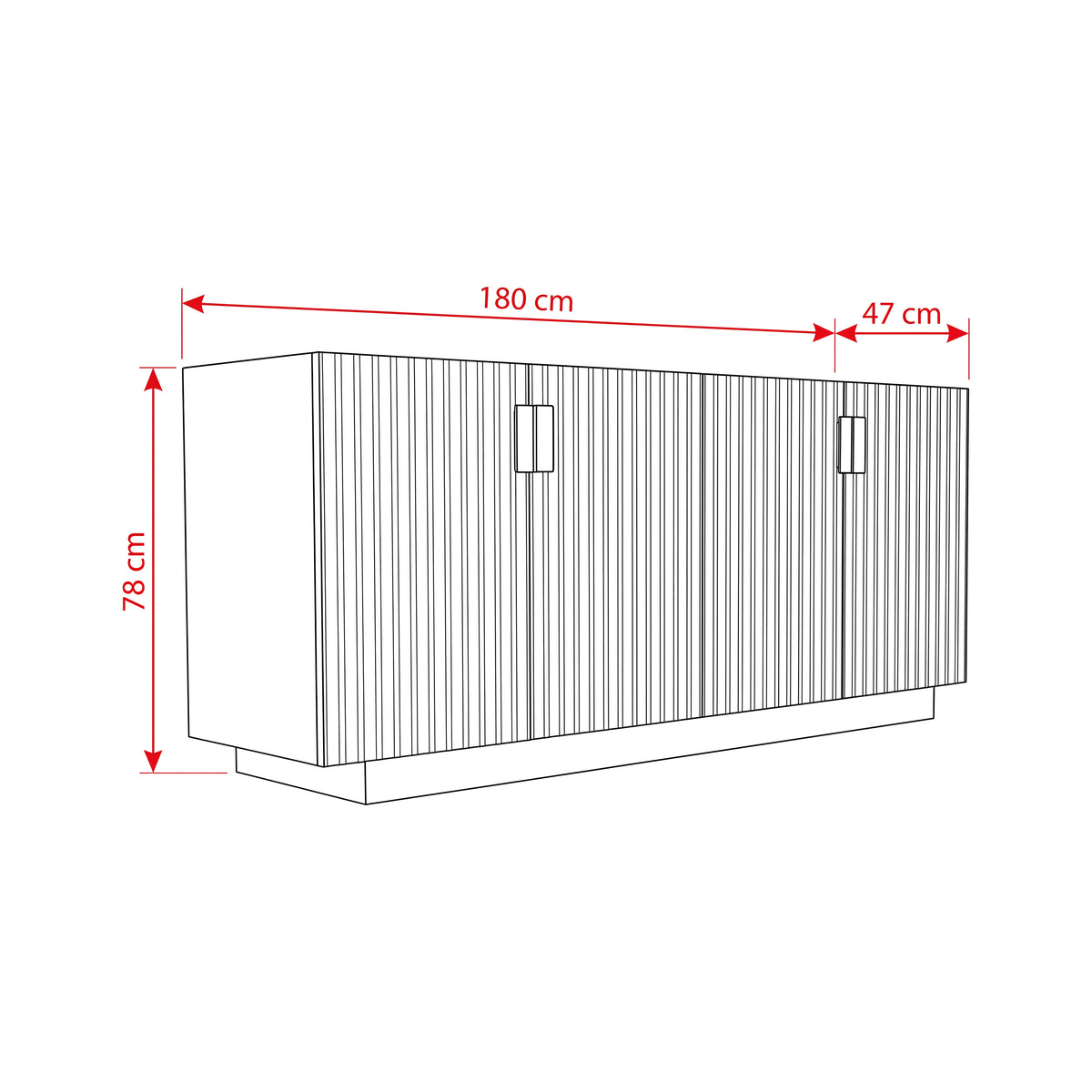 Sloane 180cm Buffet Table Storage Cabinet Grey Oak, dimension drawing: 180 cm wide, 47 cm deep, 78 cm high
