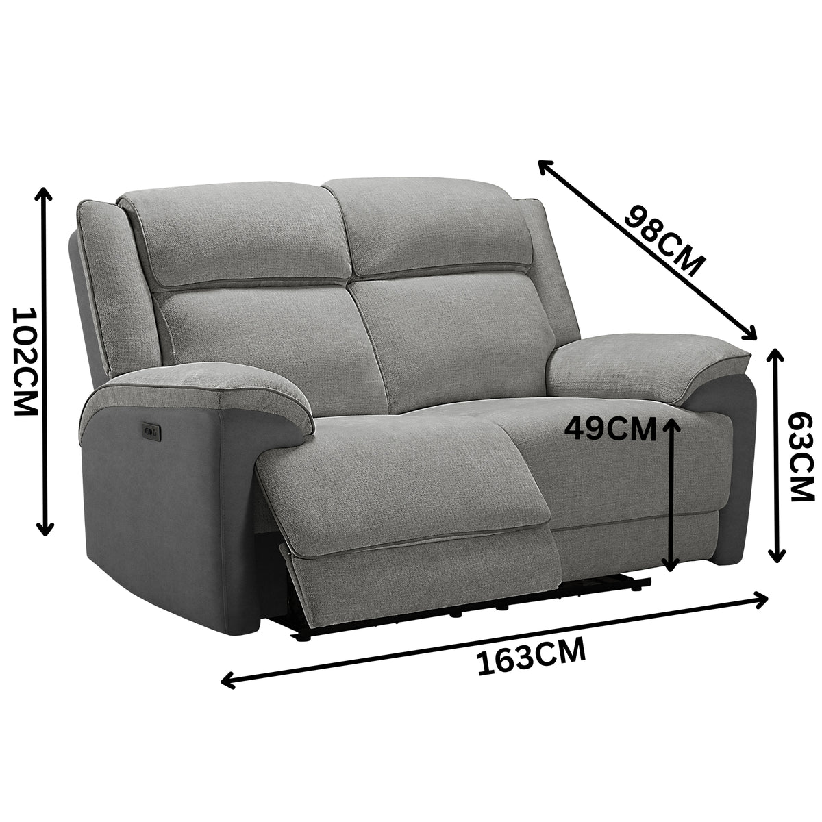 Southwest 2 Seater Electric Recliner Fabric Sofa Lounge Graphite Grey