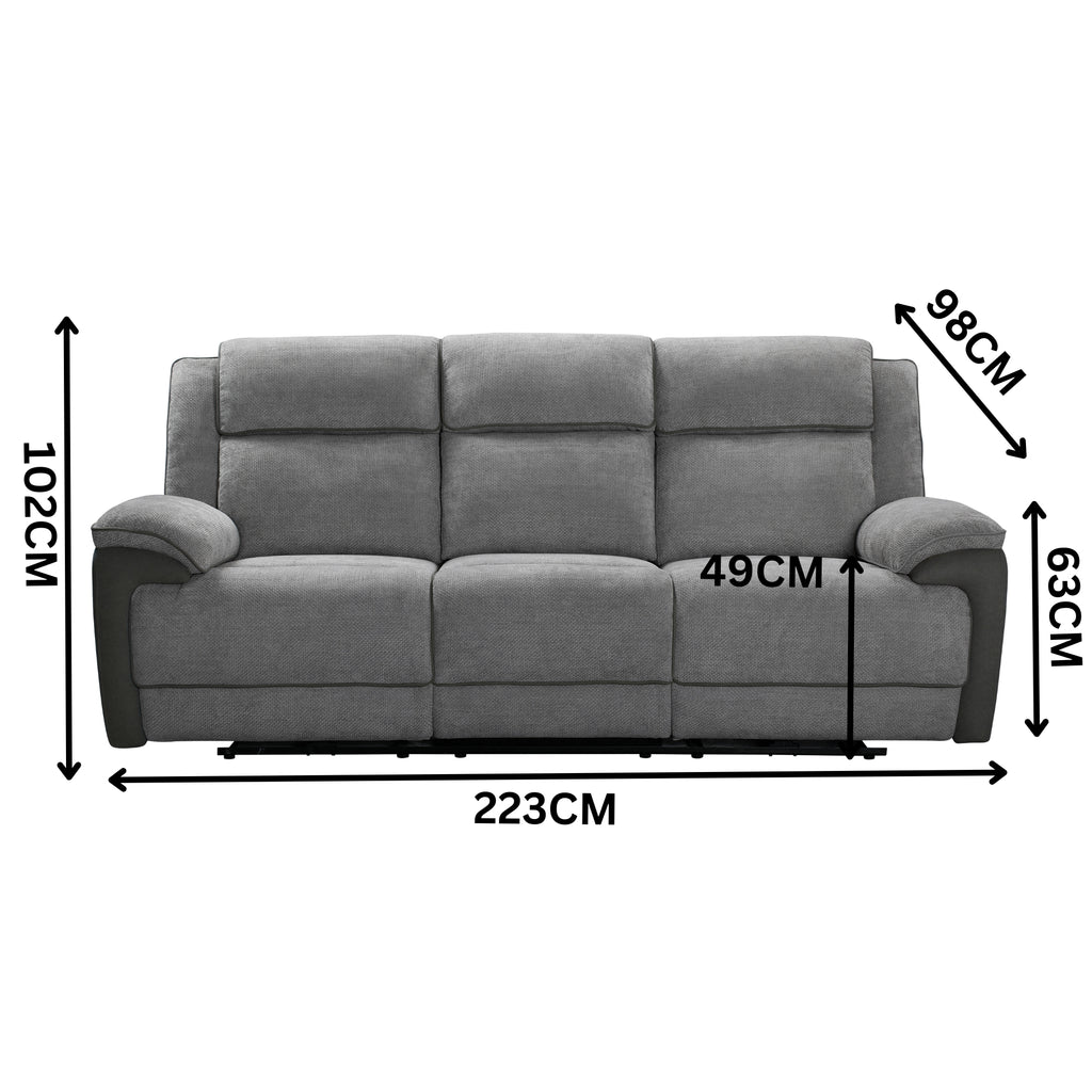 Southwest 3 Seater Electric Recliner Fabric Sofa Lounge Graphite Grey