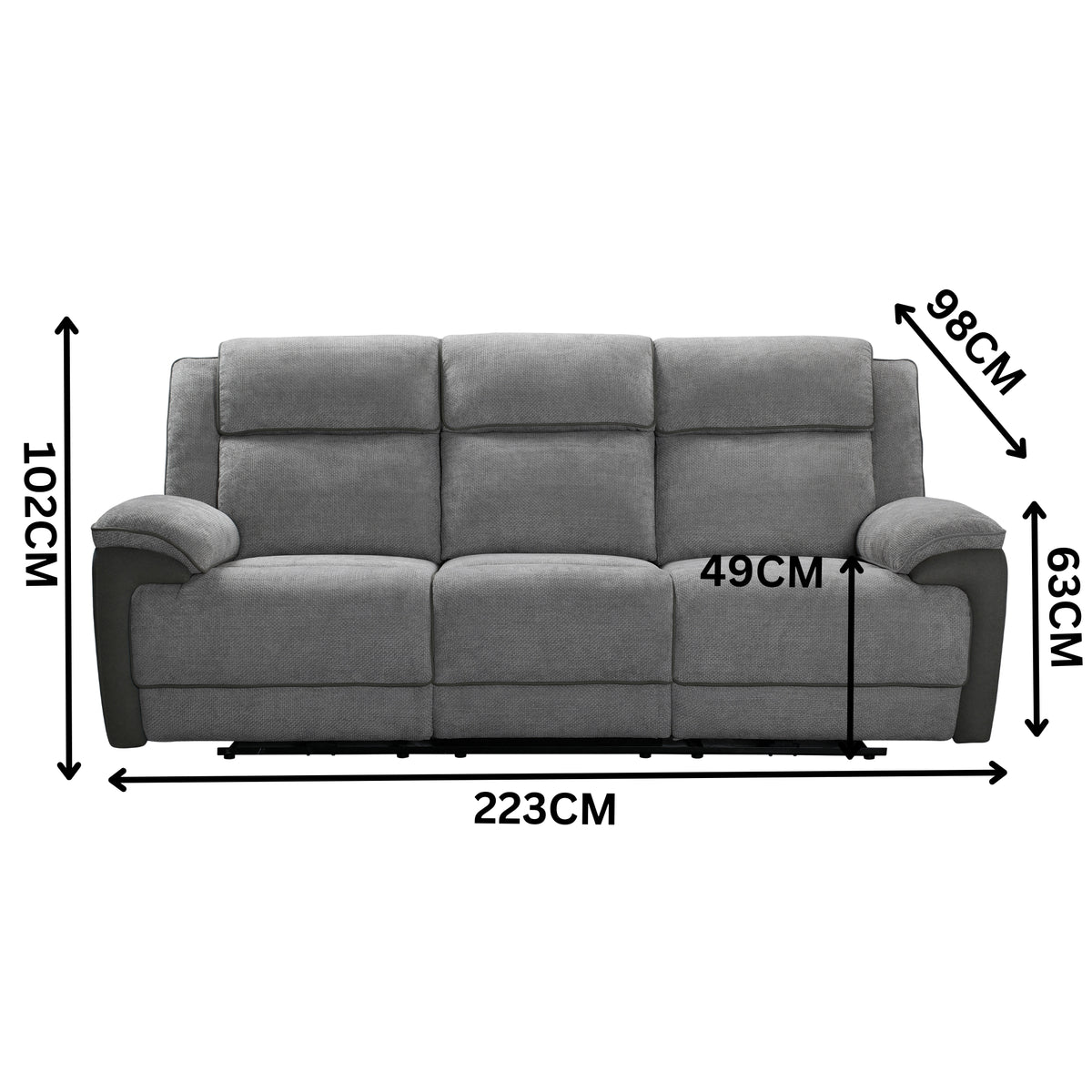 Southwest 3 Seater Electric Recliner Fabric Sofa Lounge Graphite Grey