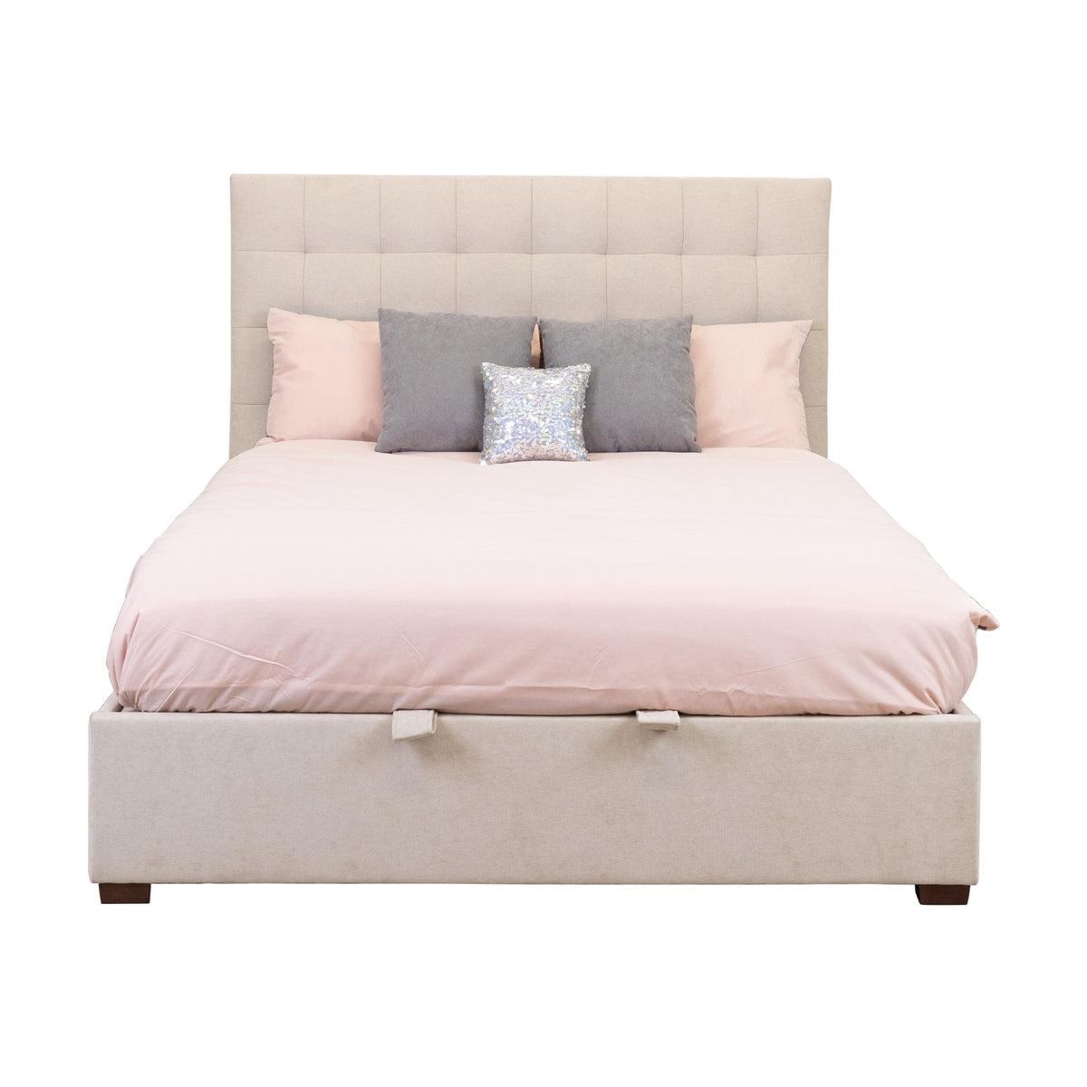 St James King Bed Frame Gas Lift Storage Oatmeal Beige