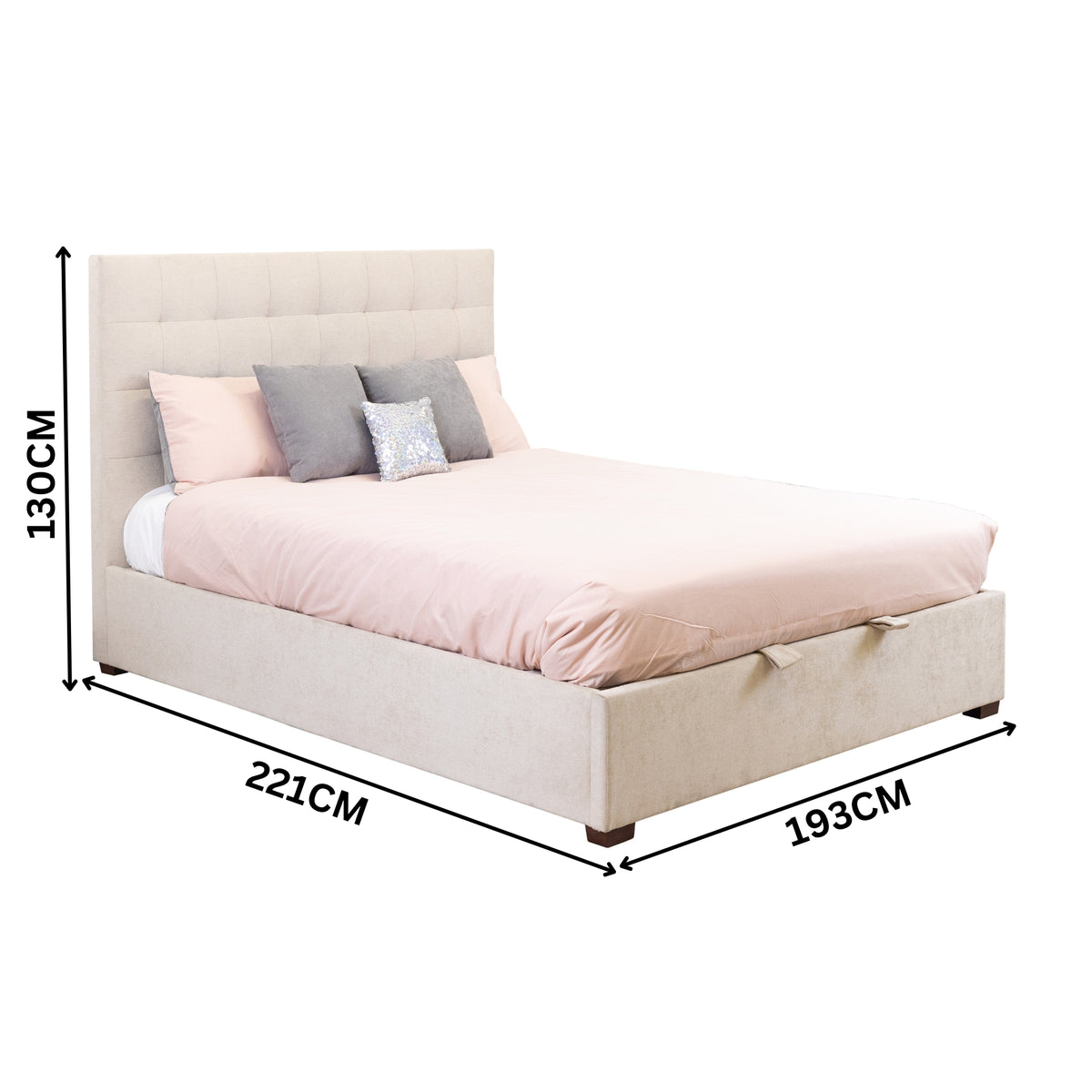 St James King Bed Frame Gas Lift Storage Oatmeal Beige