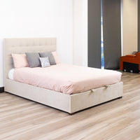 St James Queen Bed Frame Gas Lift Storage Oatmeal Beige