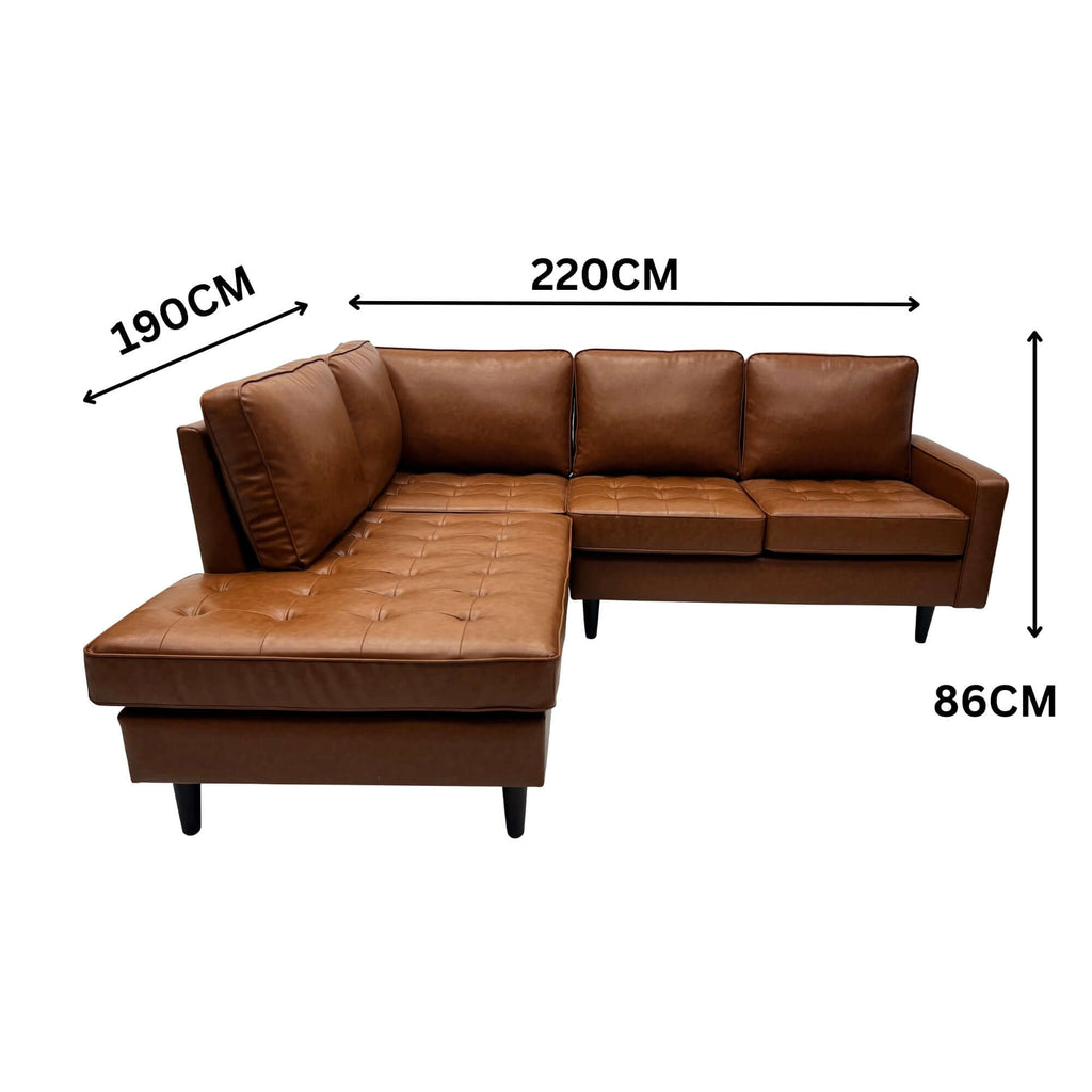 Stockholm 5 Seater Sofa LHF Chaise Premium Faux Leather Sofa Tan