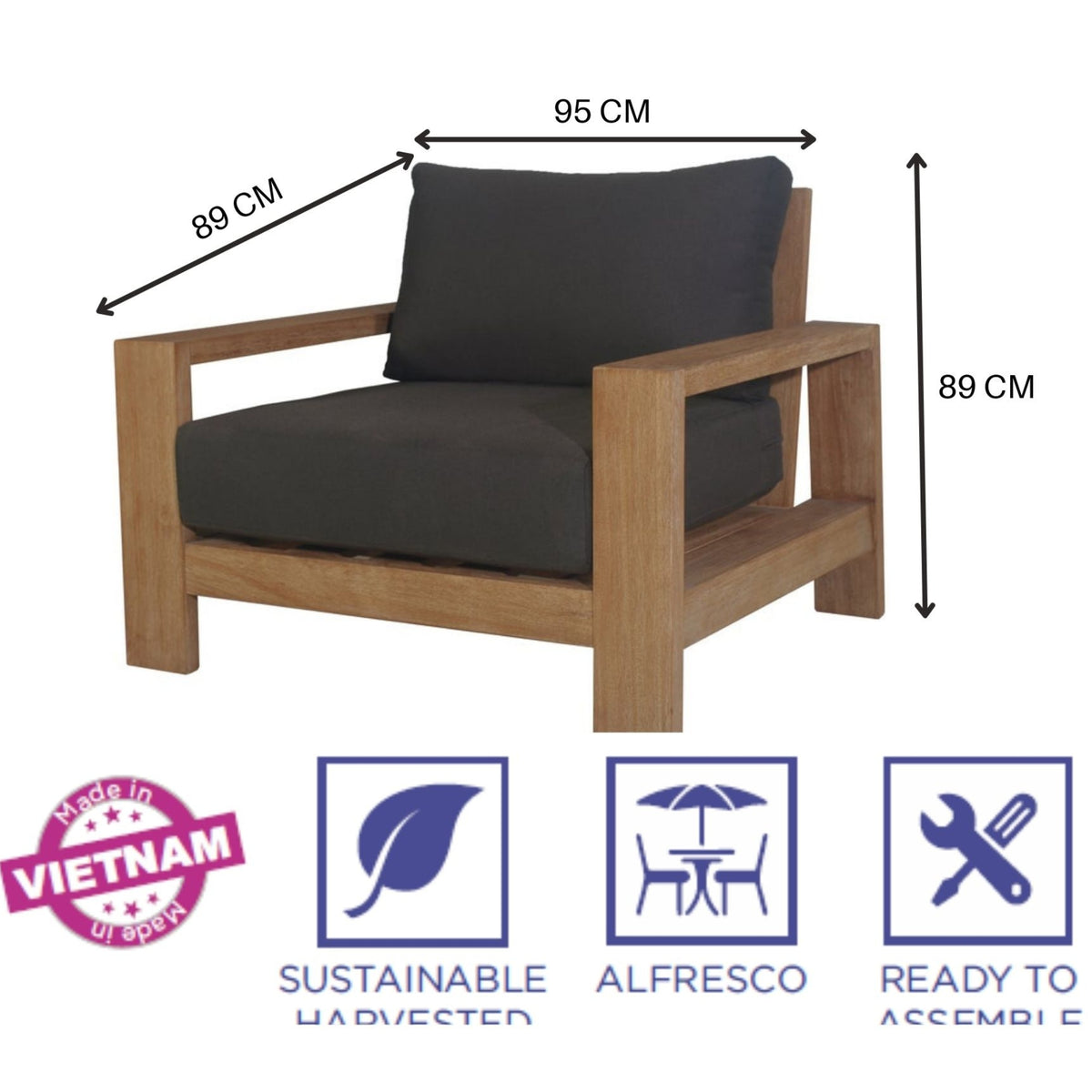 Stud 1 Seater Outdoor Patio Chair Sofa Lounge Eucalyptus Solid Timber Wood Frame