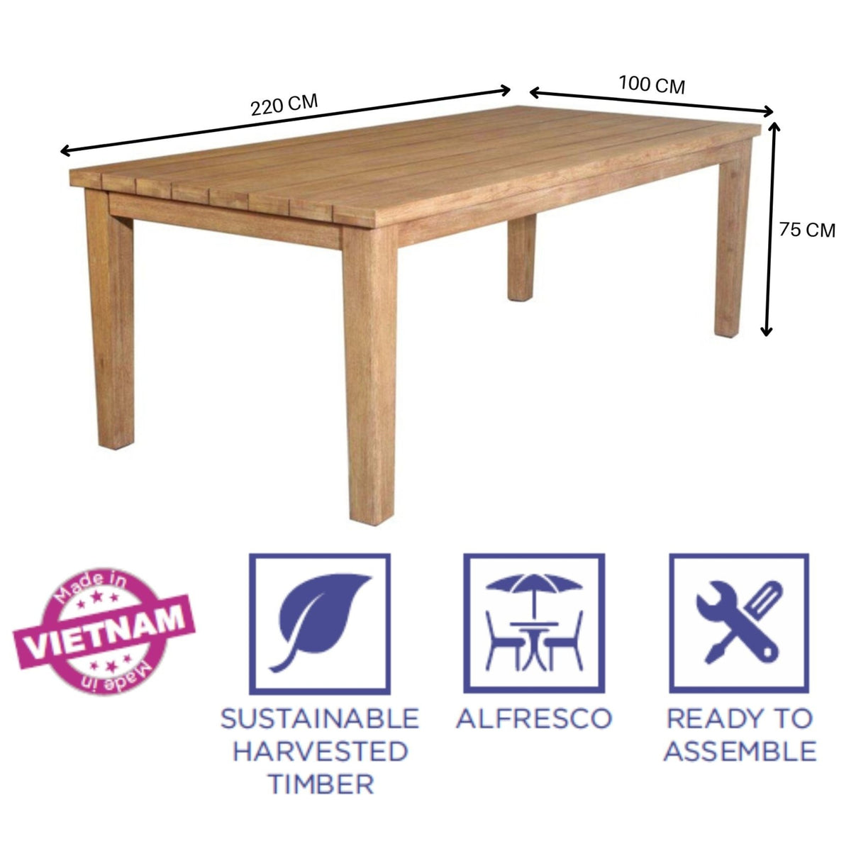 Stud 220cm Outdoor Patio Dining Table Eucalyptus Solid Timber Wood Frame