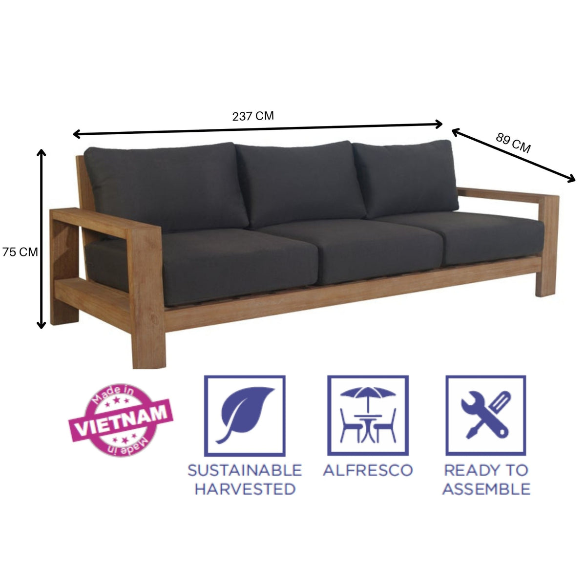 Stud 3 Seater Outdoor Patio Sofa Lounge Eucalyptus Solid Timber Wood Frame