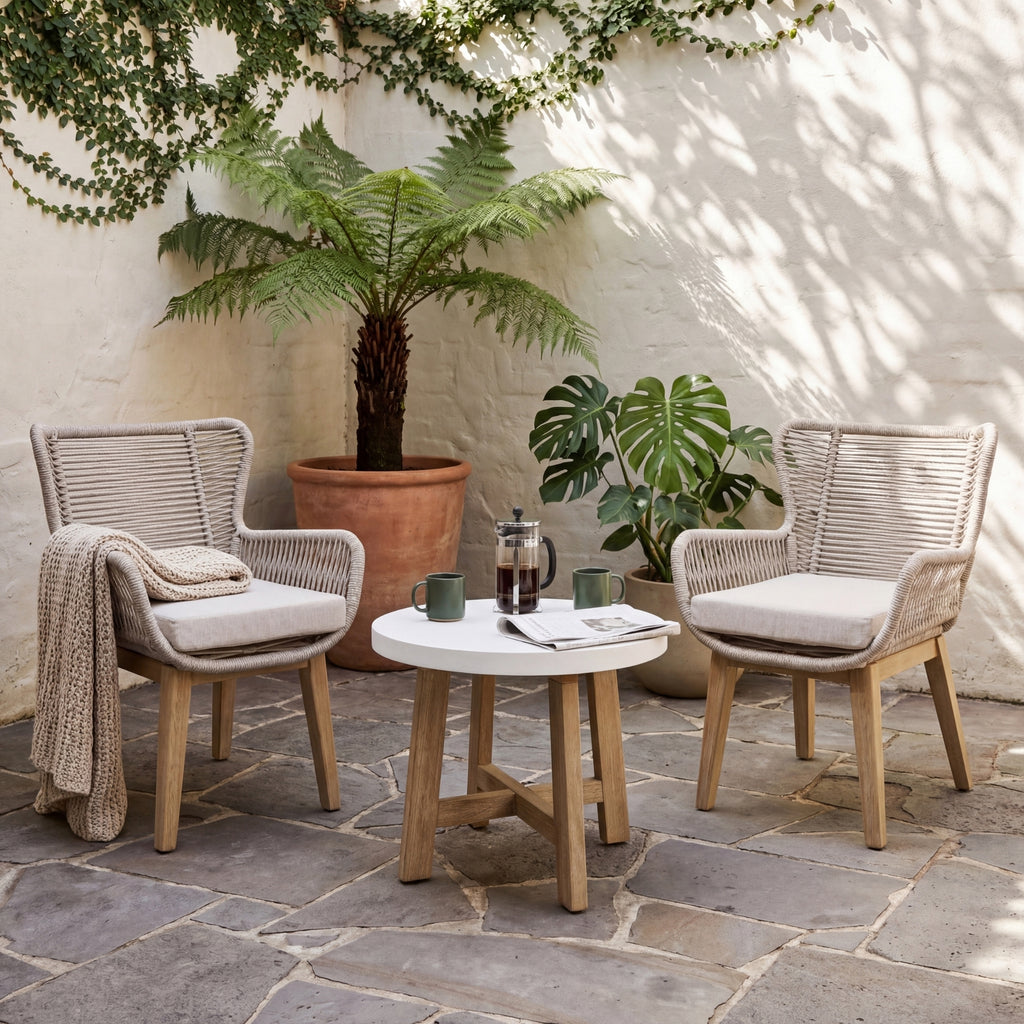 Stud 3pc Chat Set Outdoor Chair Coffee Table White Wash