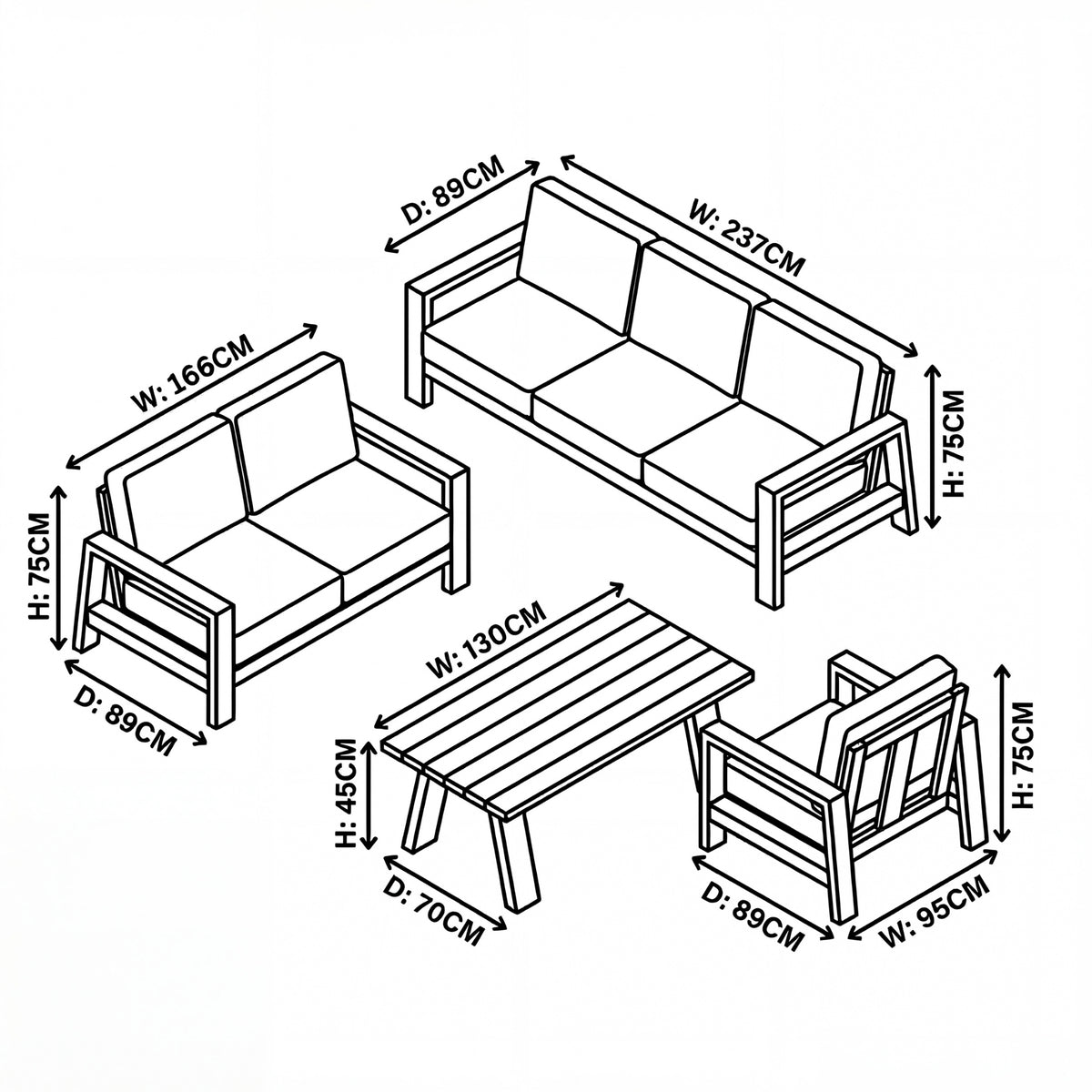 Stud 4pc Set Outdoor Sofa Lounge Chair Cofee Table White Wash
