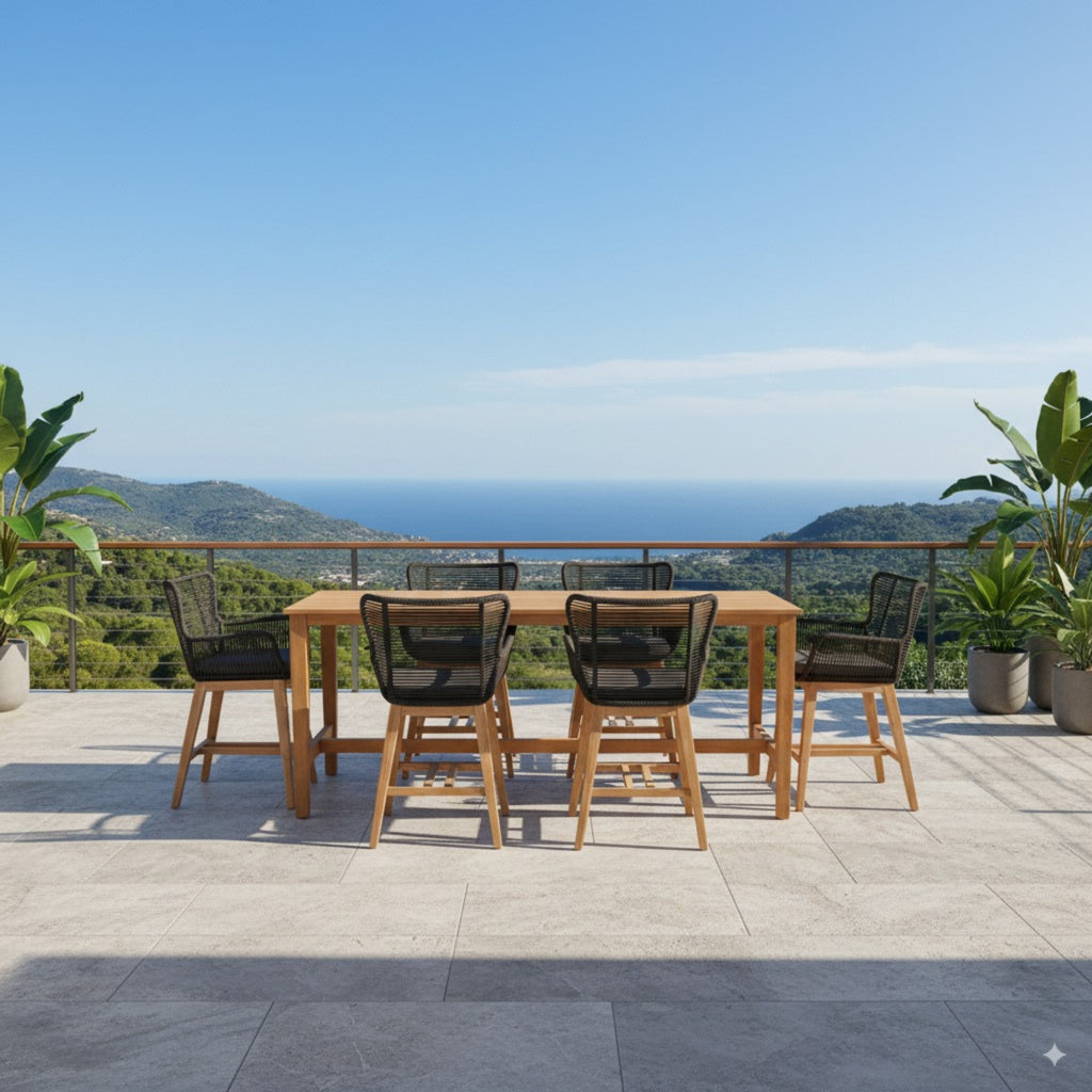 Stud 7pc Outdoor High Bar Dining Set 6 Barstool Chair 240cm Timber Table