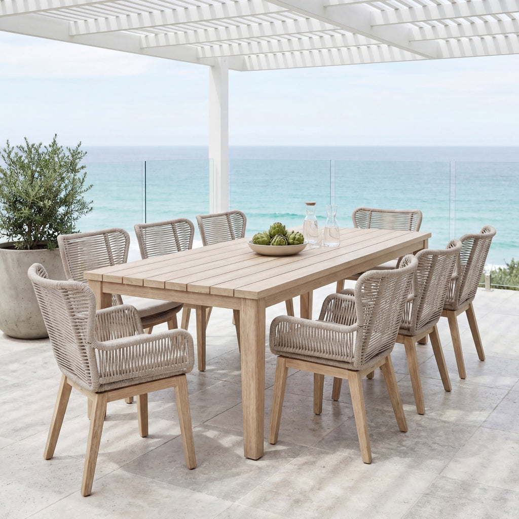 Stud 9pc Set Outdoor Dining Table Chair White Wash