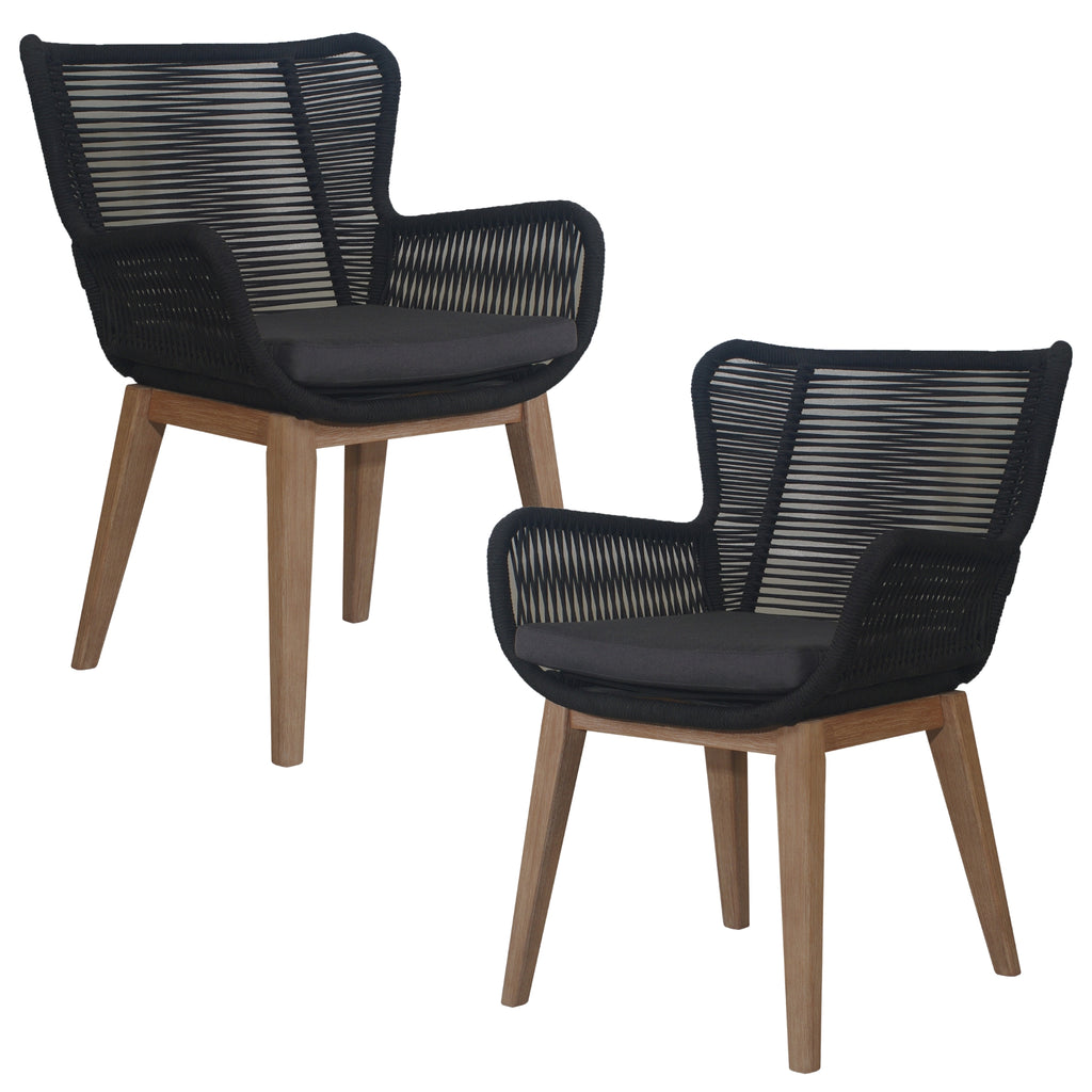 Stud Set of 2 Rope Outdoor Dining Chair with Solid Eucalyptus Timber Wood Frame