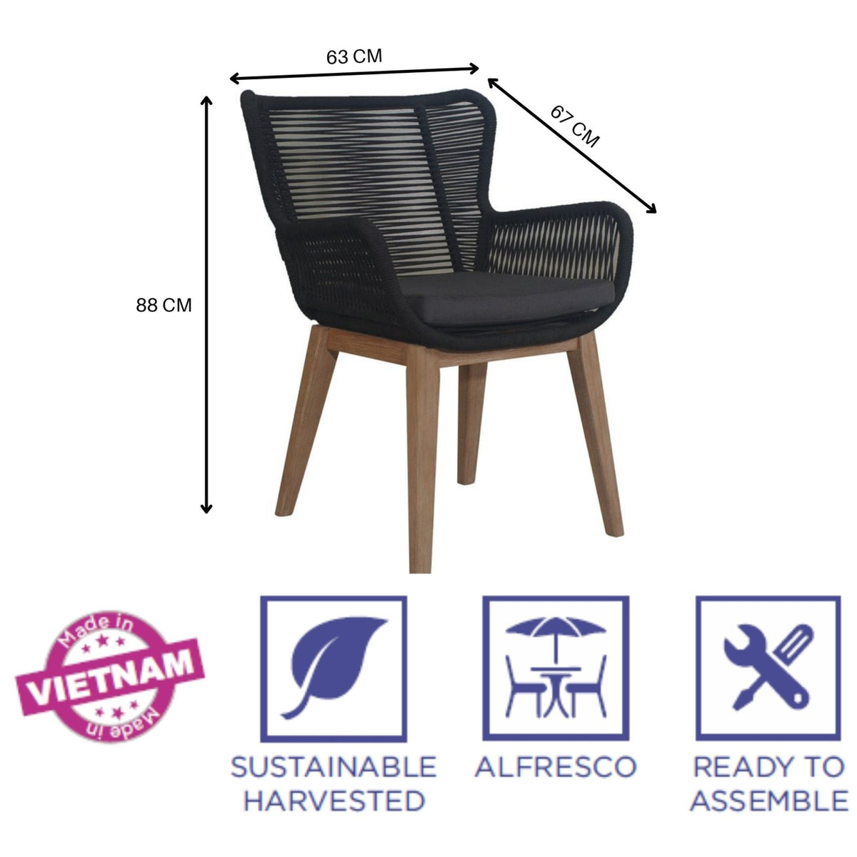 Stud Set of 2 Rope Outdoor Dining Chair with Solid Eucalyptus Timber Wood Frame