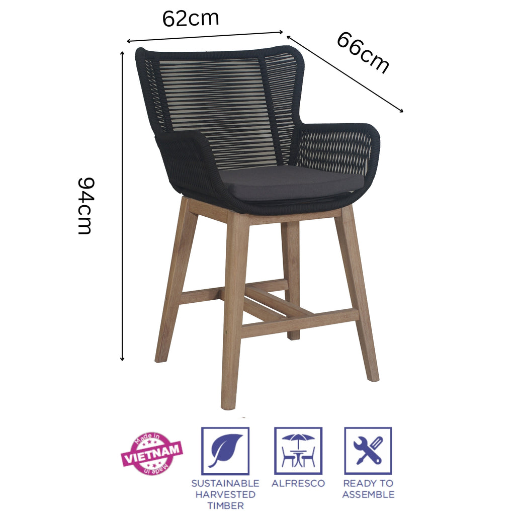 Stud Set of 2 Rope Outdoor Dining High Bar Chair Barstool with Timber Wood Frame