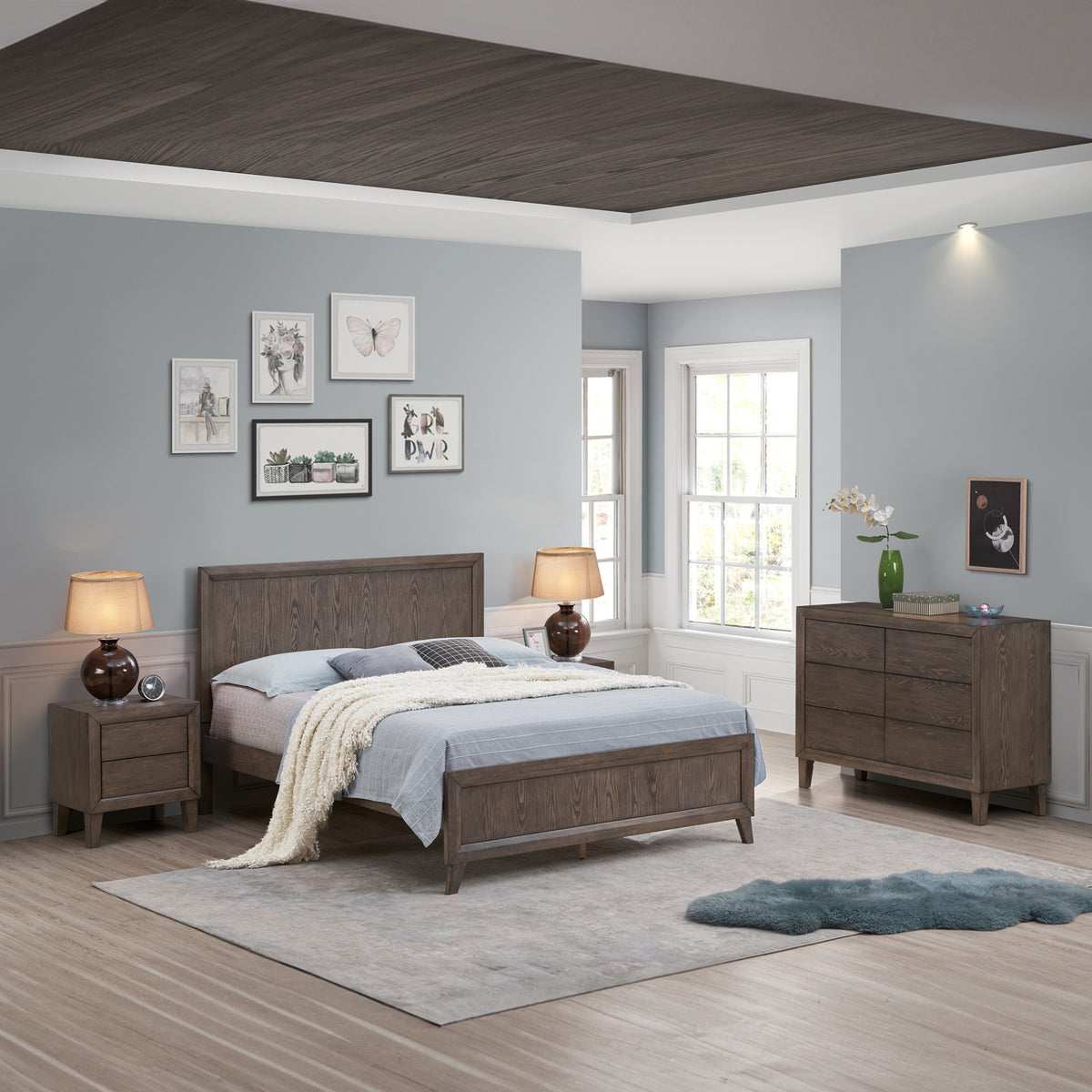 Suno Double Bedroom Suite Bed Frame Bedside Dresser Set Dark Grey