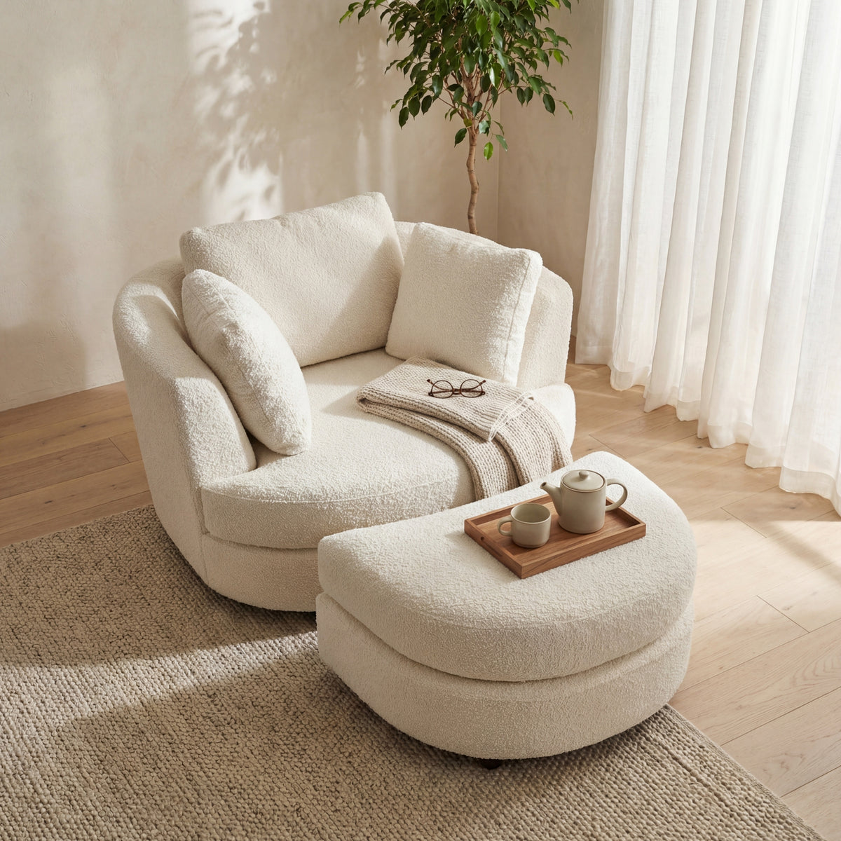 Sunshine Swivel Accent Chair with Ottoman Snow White