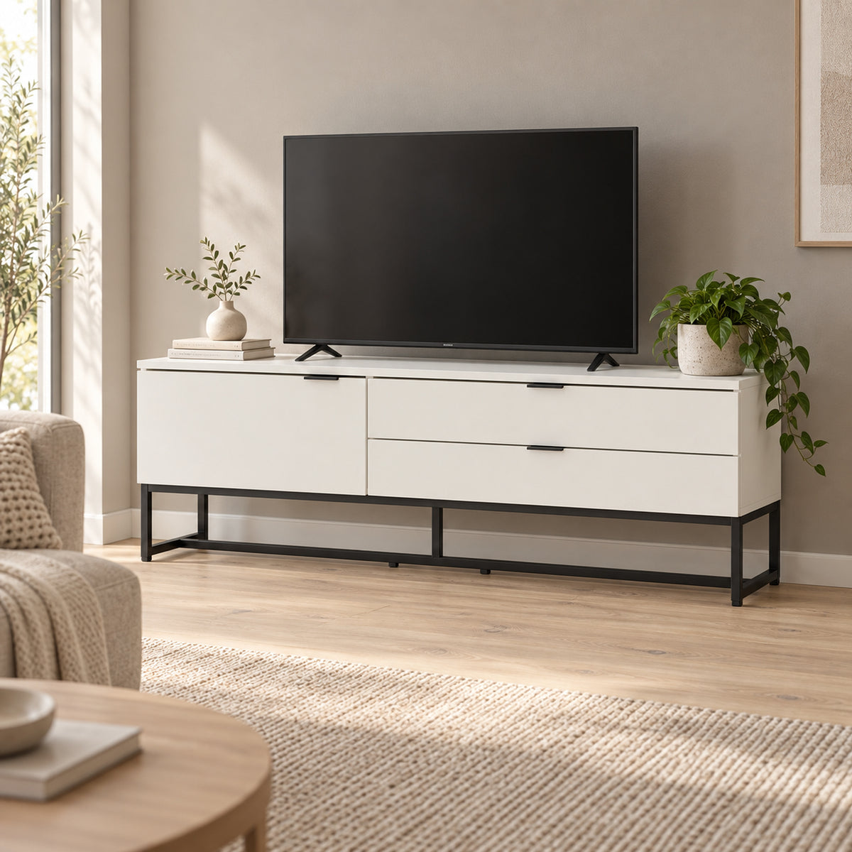 Svana 140cm ETU Entertainment TV Unit White, in a living room with a TV on top