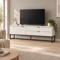 Svana 140cm ETU Entertainment TV Unit White, in a living room with a TV on top