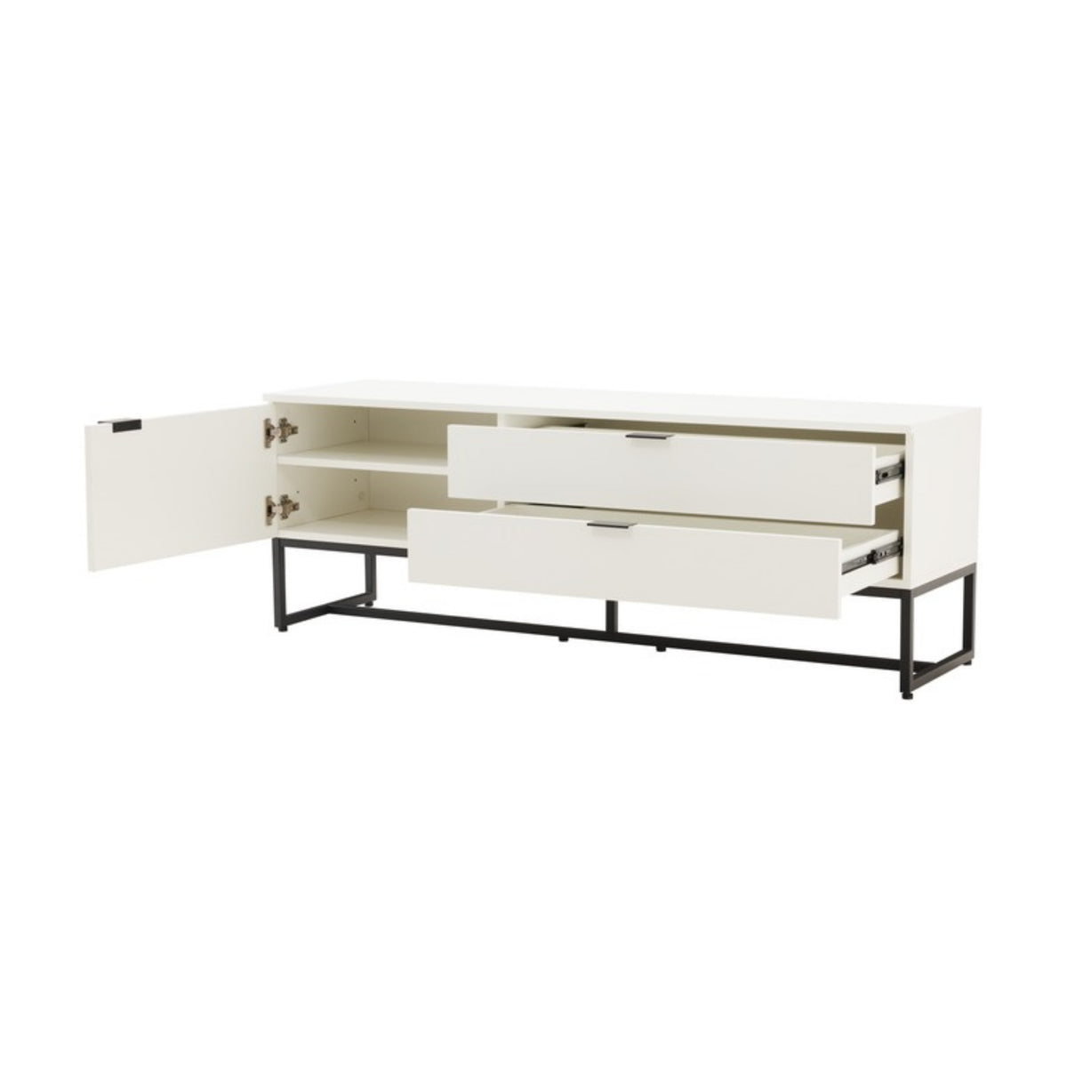 Svana 140cm ETU Entertainment TV Unit White, angled view with the door and drawers open