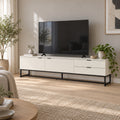 Svana 180cm ETU Entertainment TV Unit White, in a living room with a TV on top