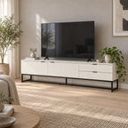 Svana 180cm ETU Entertainment TV Unit White, in a living room with a TV on top