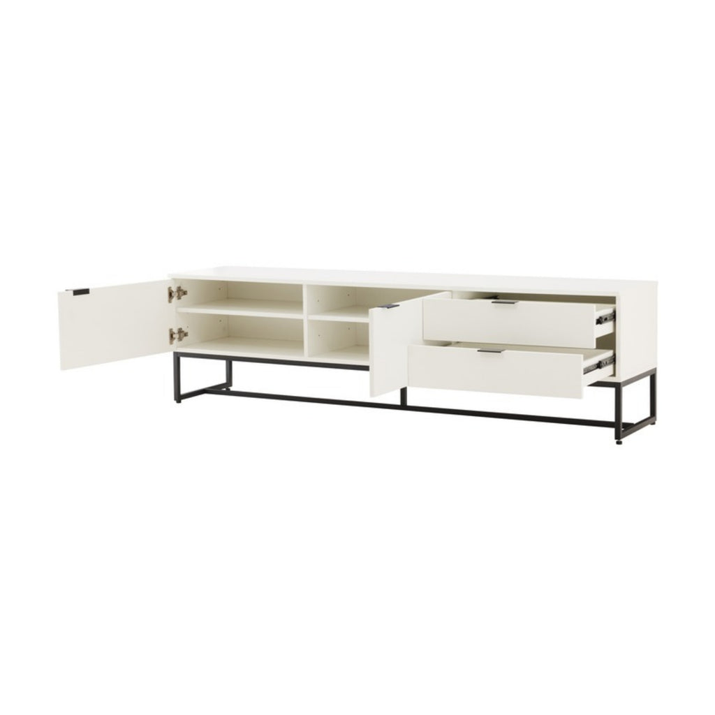 Svana 180cm ETU Entertainment TV Unit White, angled view with the doors and drawers open