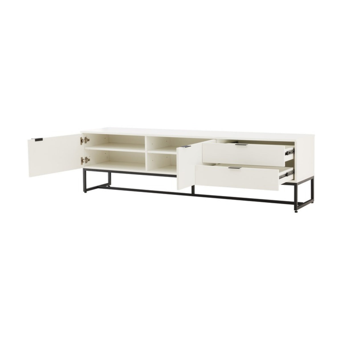 Svana 180cm ETU Entertainment TV Unit White, angled view with the doors and drawers open