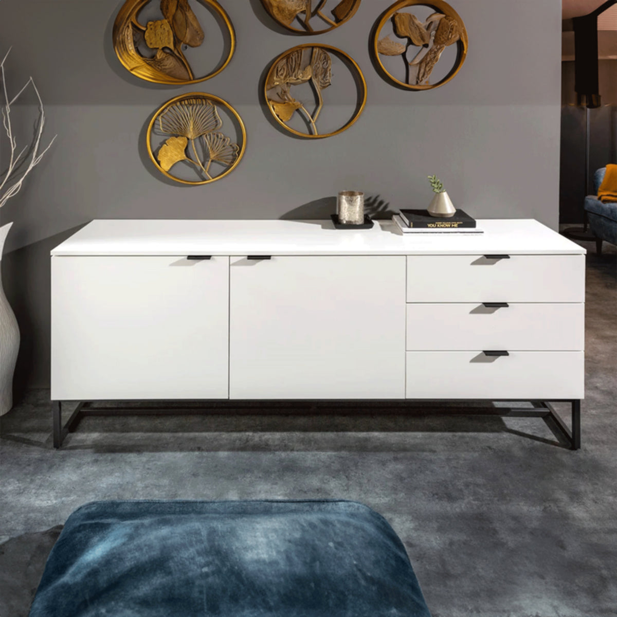Svana 180cm Sideboard Buffet Table White, in a living room beneath gold wall art