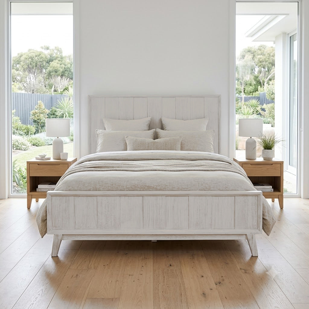 The Croft King Bed Frame Acacia Timber Frame White Washed