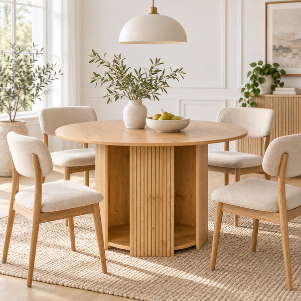 Thomasville 120cm Round Dining Table Oak, in a dining room with upholstered chairs and a pendant light