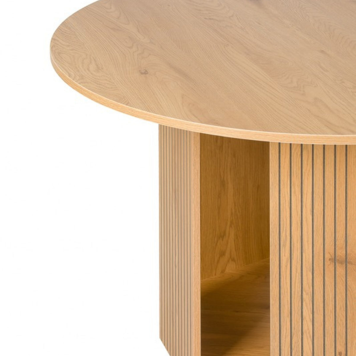 Thomasville 120cm Round Dining Table Oak, close-up of the top edge and pedestal