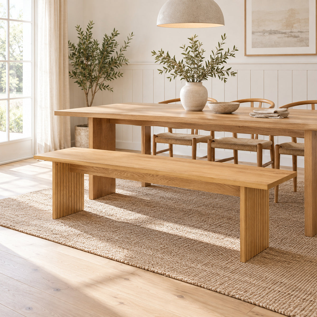 Thomasville 160cm Dining Bench Oak, beside a dining table in a dining room
