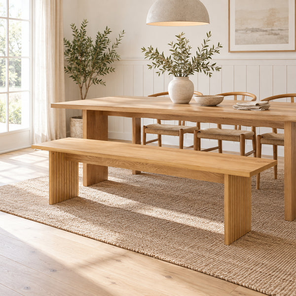 Thomasville 160cm Dining Bench Oak, beside a dining table in a dining room
