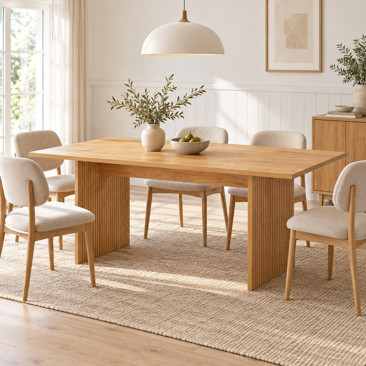 Thomasville 160cm Dining Table Oak, in a dining room with upholstered chairs and a pendant light