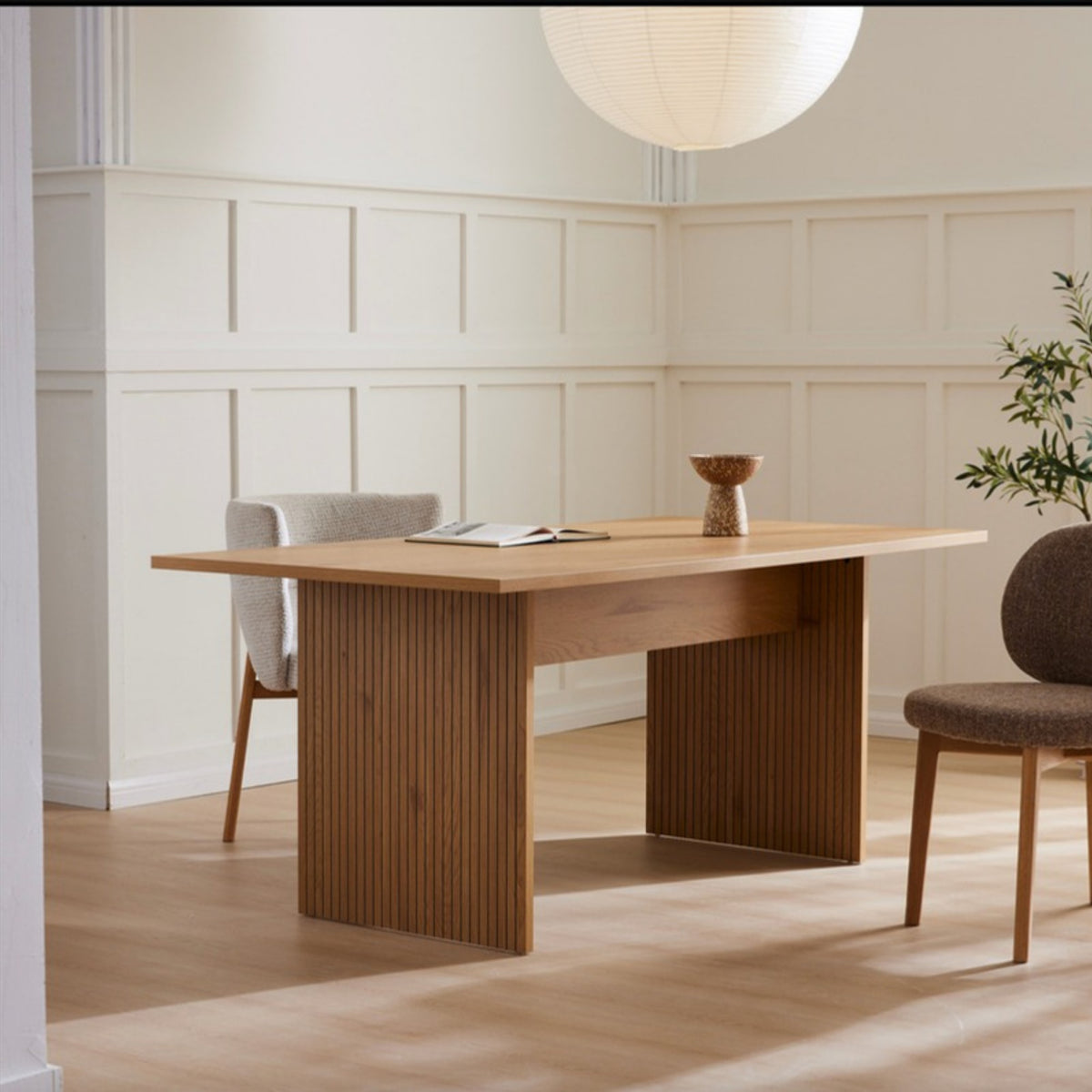 Thomasville 200cm Dining Table Oak, in a dining room beside chairs
