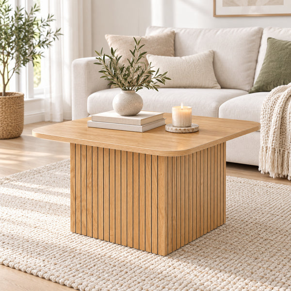 Thomasville 60cm Square Coffee Table Oak, in front of a sofa in a living room