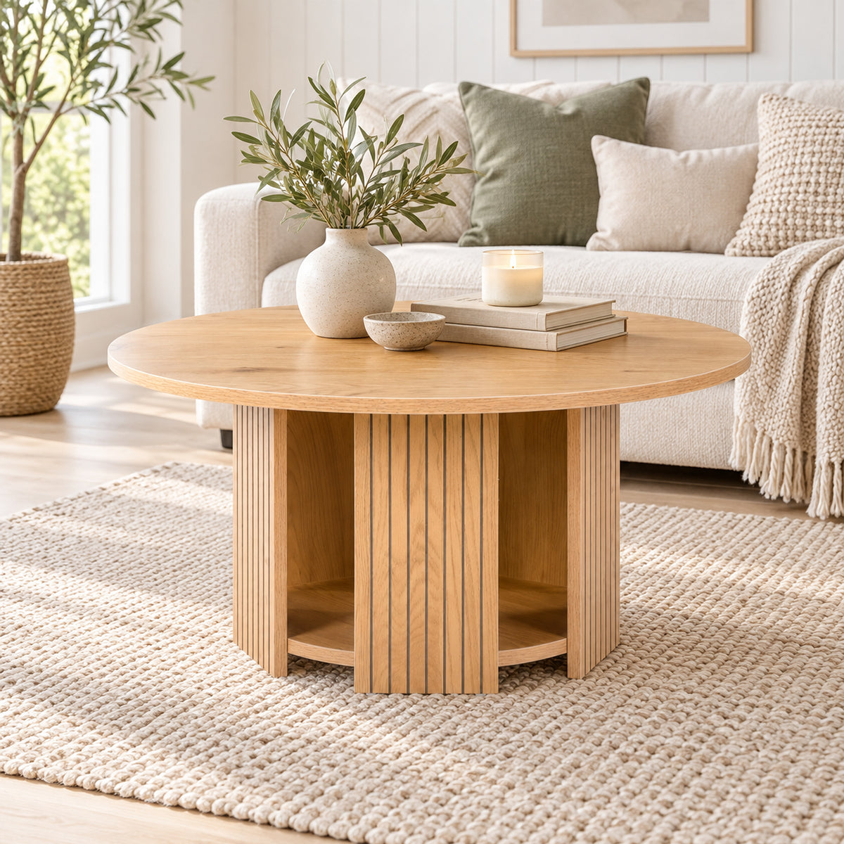 Thomasville 80cm Round Coffee Table Oak, in front of a sofa in a living room