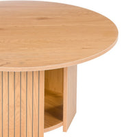 Thomasville 80cm Round Coffee Table Oak, close-up of the top edge and fluted base