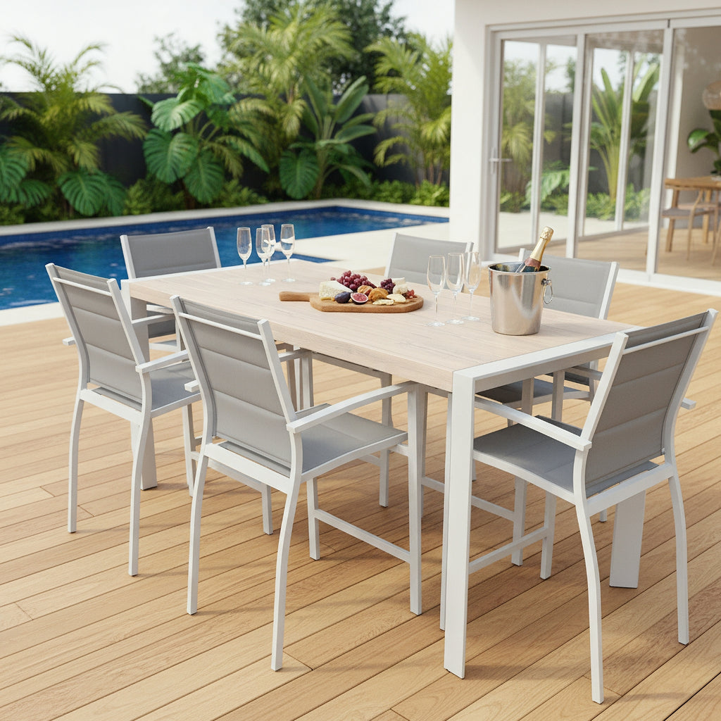 Torres 7pc Set Outdoor Aluminium Bar Table 6 Barstool Chair White