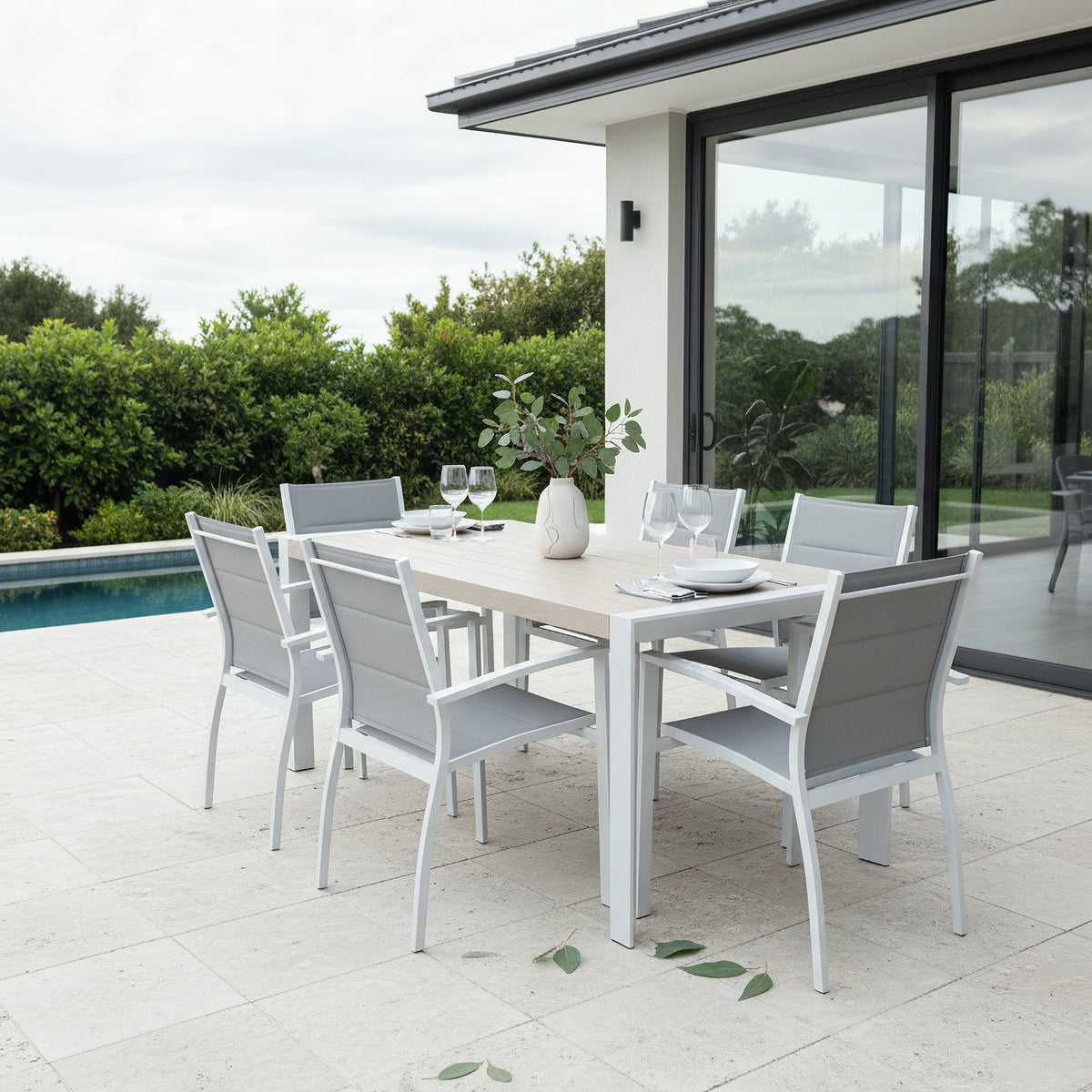 Torres 7pc Set Outdoor Aluminium Dining Table 6 Chair White