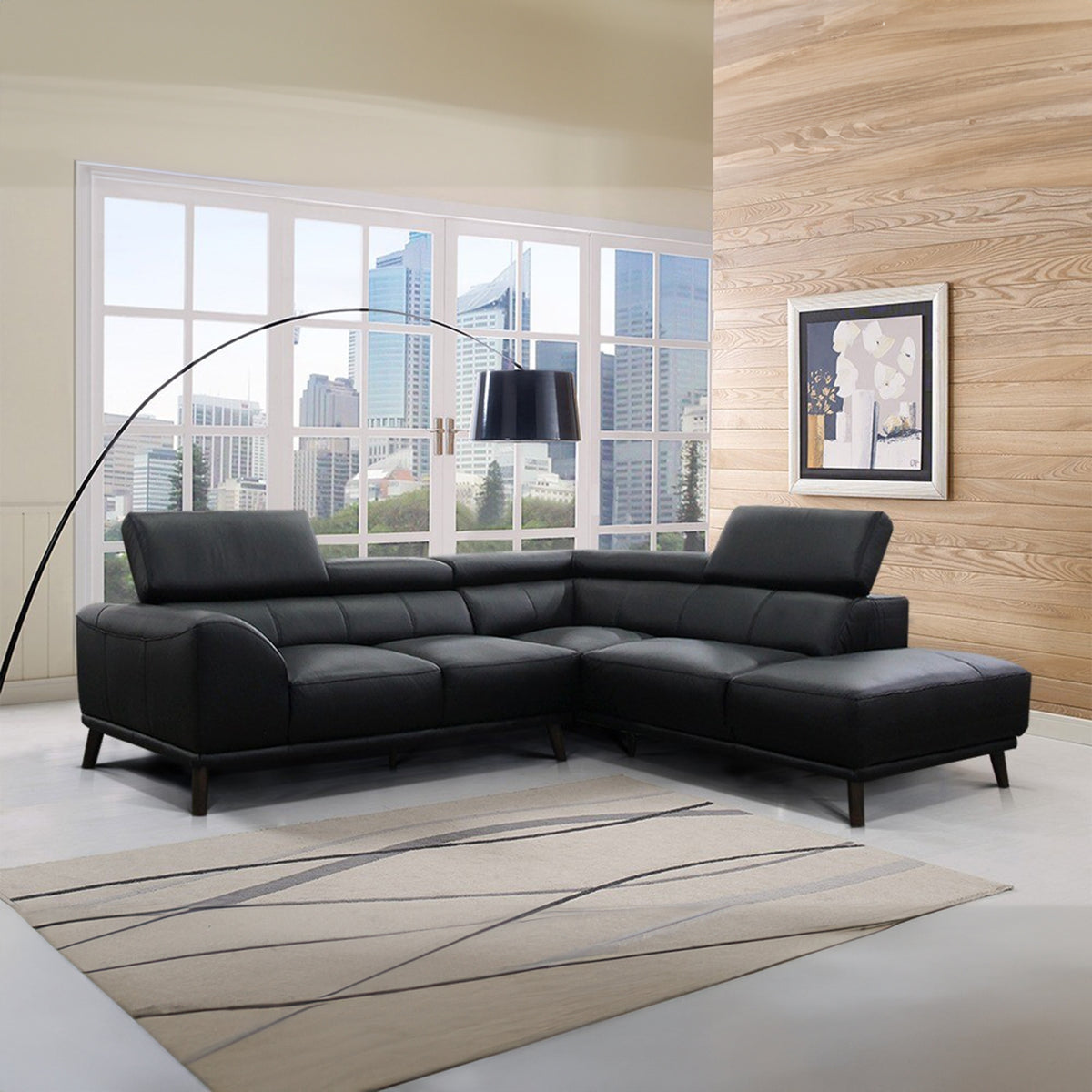 Tuscany 2 Seater Leather Sofa Lounge RHF Chaise Black