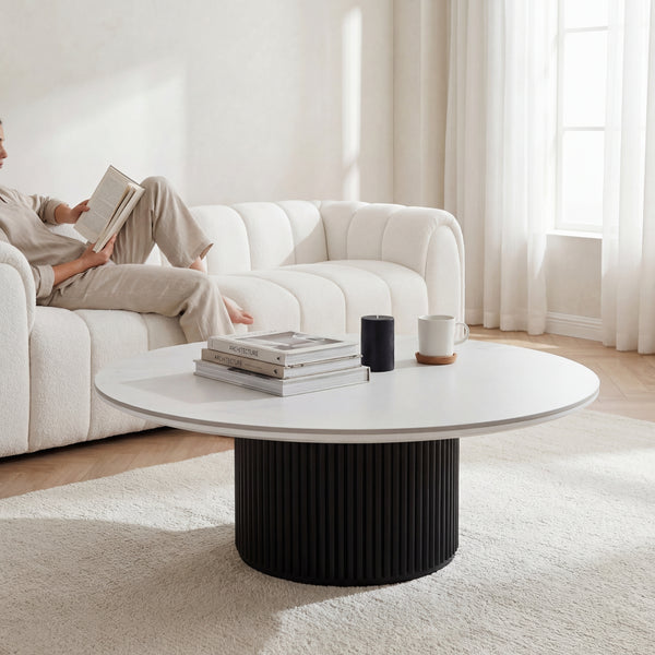 Valen 110cm Flute Round Coffee Table Ceramic Stone Top Black